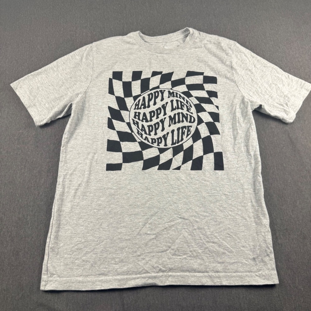 Wonder Nation Kids Gray Happy Mind Happy Life Checkerboard T-Shirt XL 14-16